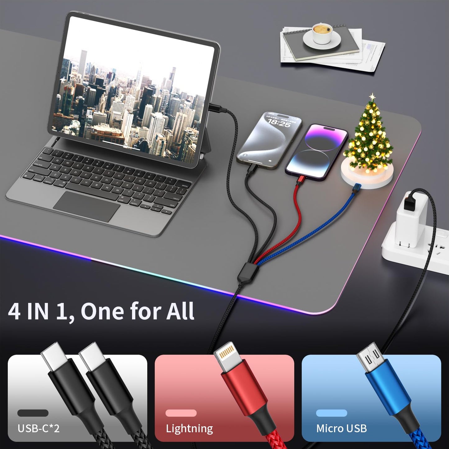 Dual TypeC 4 in 1 Multi Charging Cable, Charging Cords for Multiple Devices | 2Pack 5FT USB Cable, Universal Phone Charger Cord for iPhone17-8/Androids/iPad and More, Travel Essentials Car Accessories