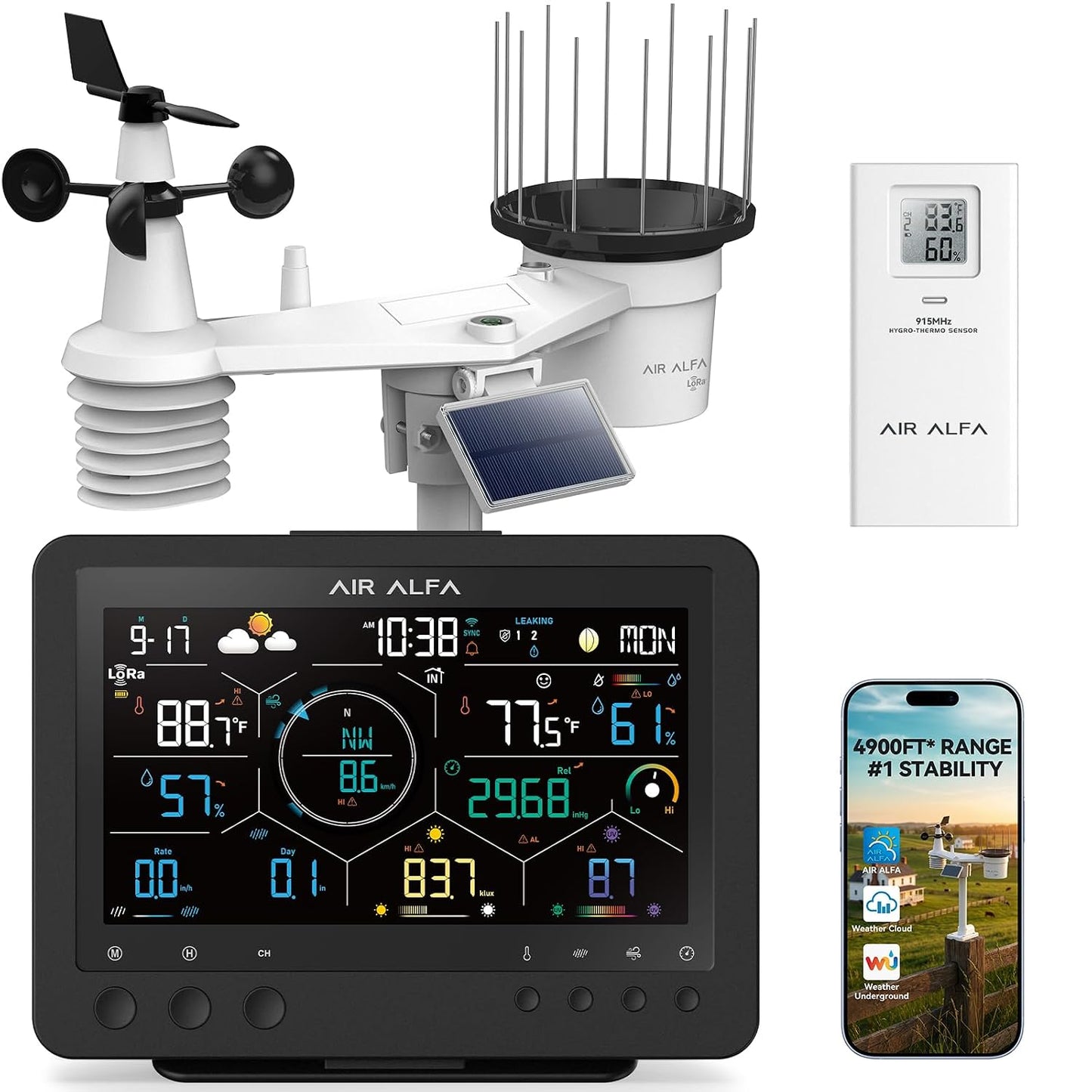 4900FT WiFi Smart Weather Stations Wireless Indoor Outdoor, LoRa Based Wireless Weather Station with 7-in-1 Solar Sensor, Thermo-Hygro Sensor, Bird Spike, CSV Export &amp; Calibration Black