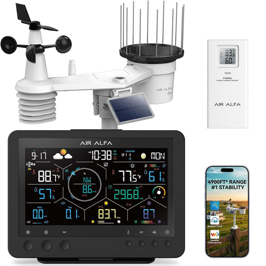 4900FT WiFi Smart Weather Stations Wireless Indoor Outdoor, LoRa Based Wireless Weather Station with 7-in-1 Solar Sensor, Thermo-Hygro Sensor, Bird Spike, CSV Export &amp; Calibration Black