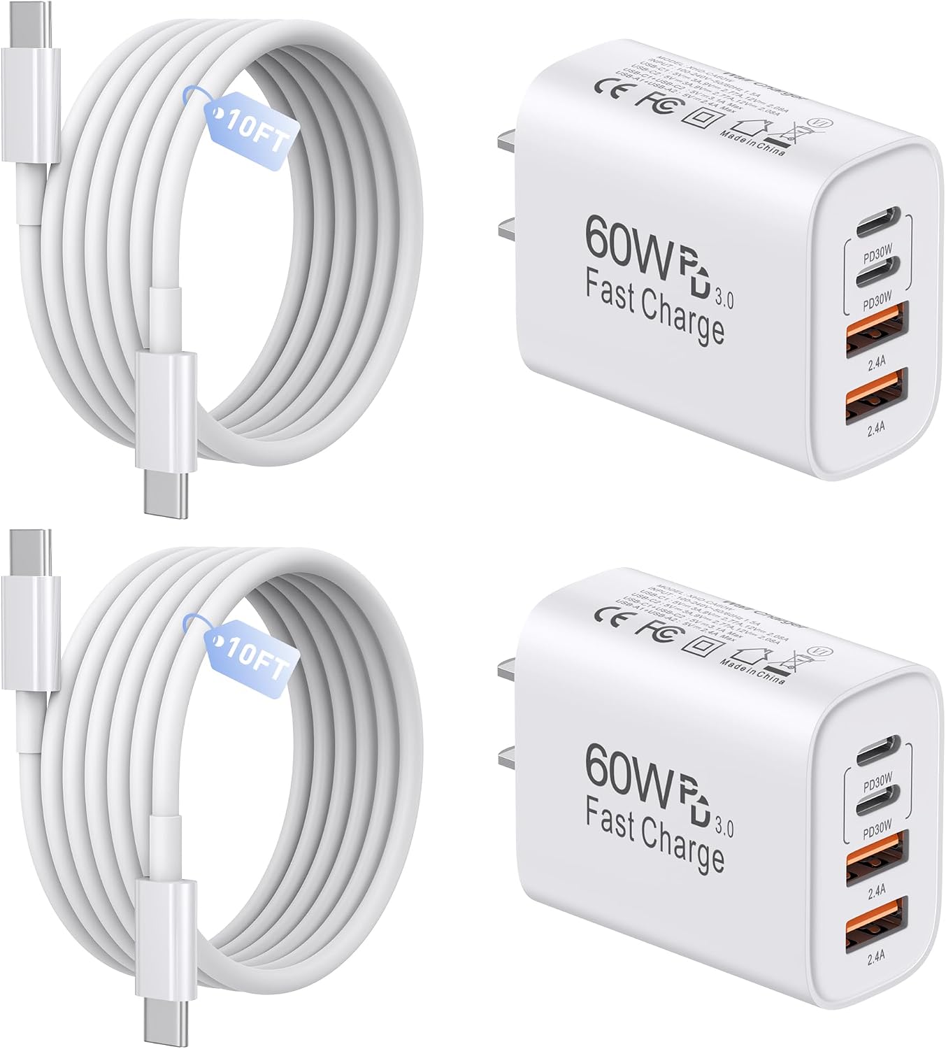 60W USB C Charger,2Pack 10FT iPhone 17 Pro Max Charger Fast Charging,4Port USB-A USBC Charger Block with 10ft USB C Cable Cord for Apple iPhone 17 Pro Max/17 Air/16 Pro Max/15 Plus/16/iPad,AirPods