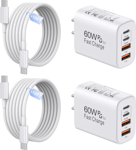 60W USB C Charger,2Pack 10FT iPhone 17 Pro Max Charger Fast Charging,4Port USB-A USBC Charger Block with 10ft USB C Cable Cord for Apple iPhone 17 Pro Max/17 Air/16 Pro Max/15 Plus/16/iPad,AirPods
