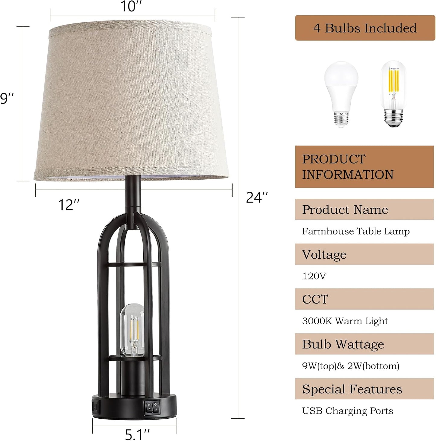 SRJJA Black Table Lamps for Living Room Set of 2 - Farmhouse Lamps for Night Stands with USB A+C, Bedside Lamps for Bedroom, 24'' Industrial Lamp for Living Room End Tables