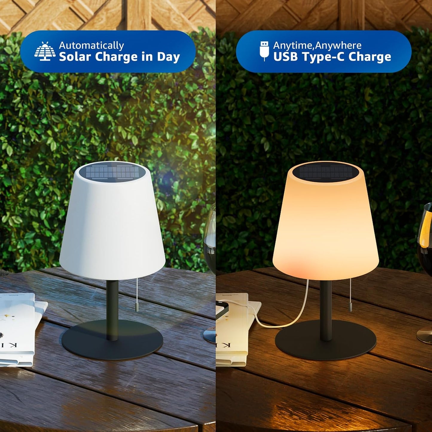 Solar Table Lamp Outdoor, Rechargeable Cordless Patio Lamp with RGB Light | Warm White Dimmable LED, Waterproof Portable Garden Light for Deck, Camping, Dining Table, Indoor Outdoor Ambiance