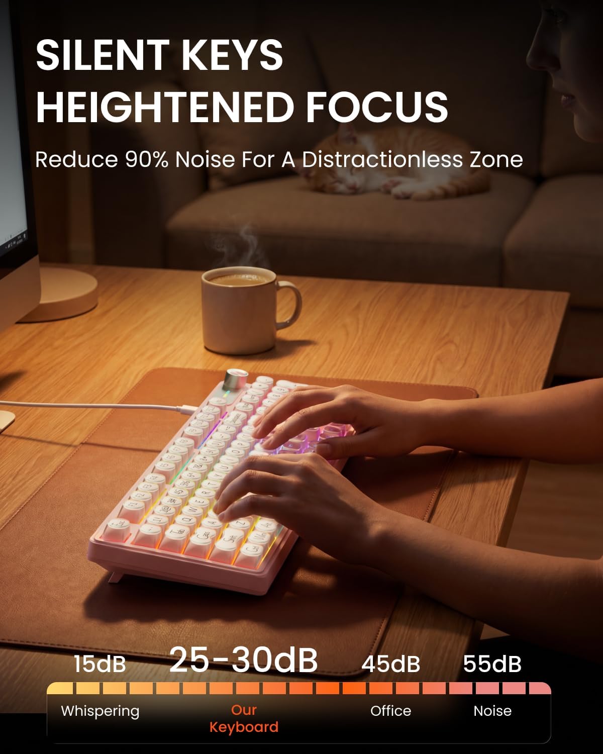 EWEADN V102 Wired Keyboard, 98 Keys Creamy Gaming Keyboard with Number Pad, Display Screen & Media Knob RGB Silent Wired Cute Computer Keyboard for Laptop PC Gamer - Pink