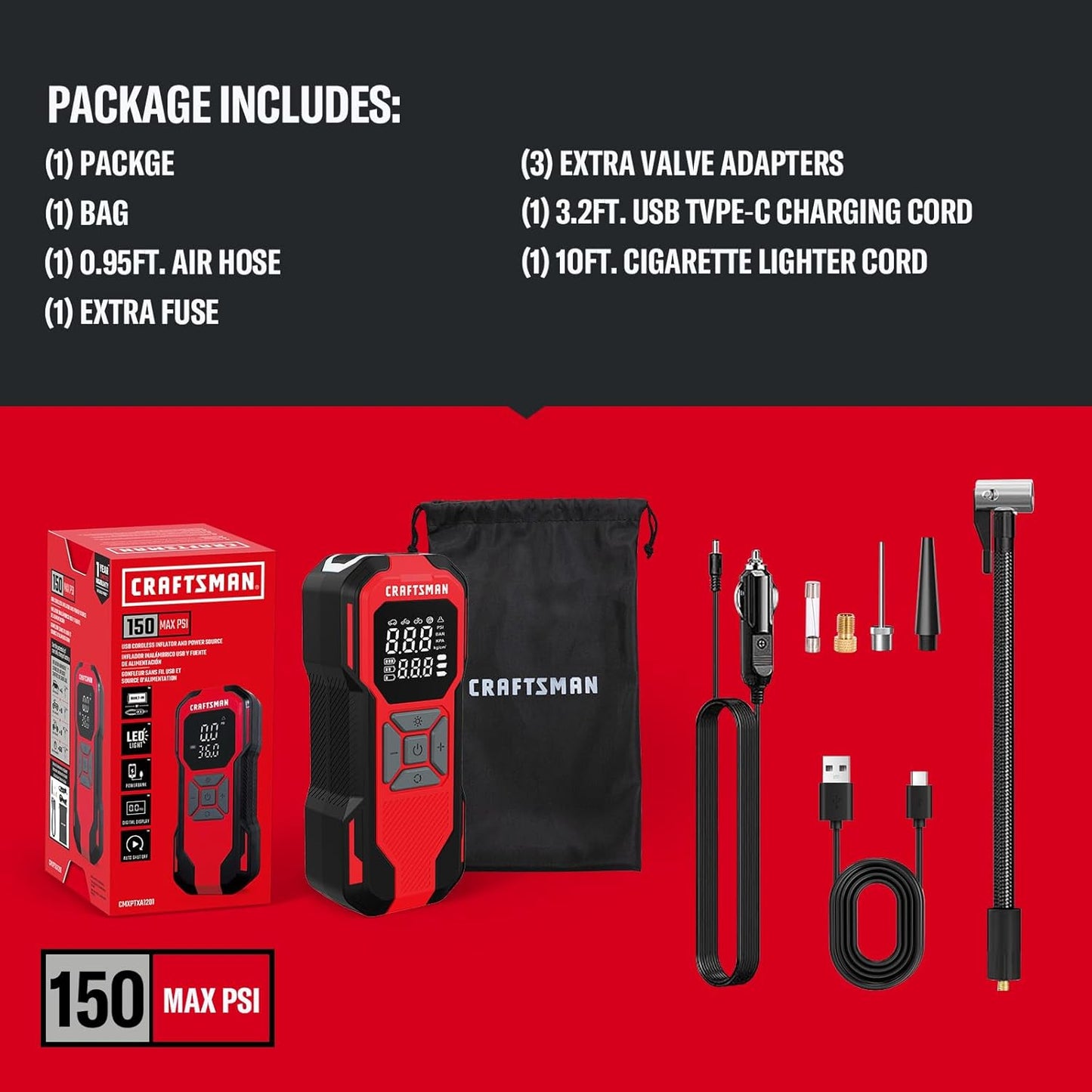 CRAFTSMAN Tire Inflator Portable Air Compressor, Cordless Mini Air Pump for Car Tires with Digital Tire Pressure Gauge, 6000mAh Battery Powered Air Pump, Max Pressure 150 PSI, 12V DC Corded