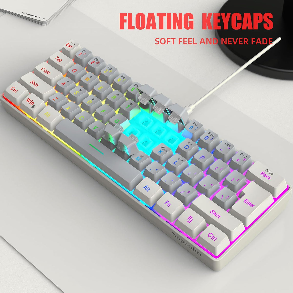 Snpurdiri 60% Wired Gaming Keyboard, 61 Keys RGB (White-Grey)