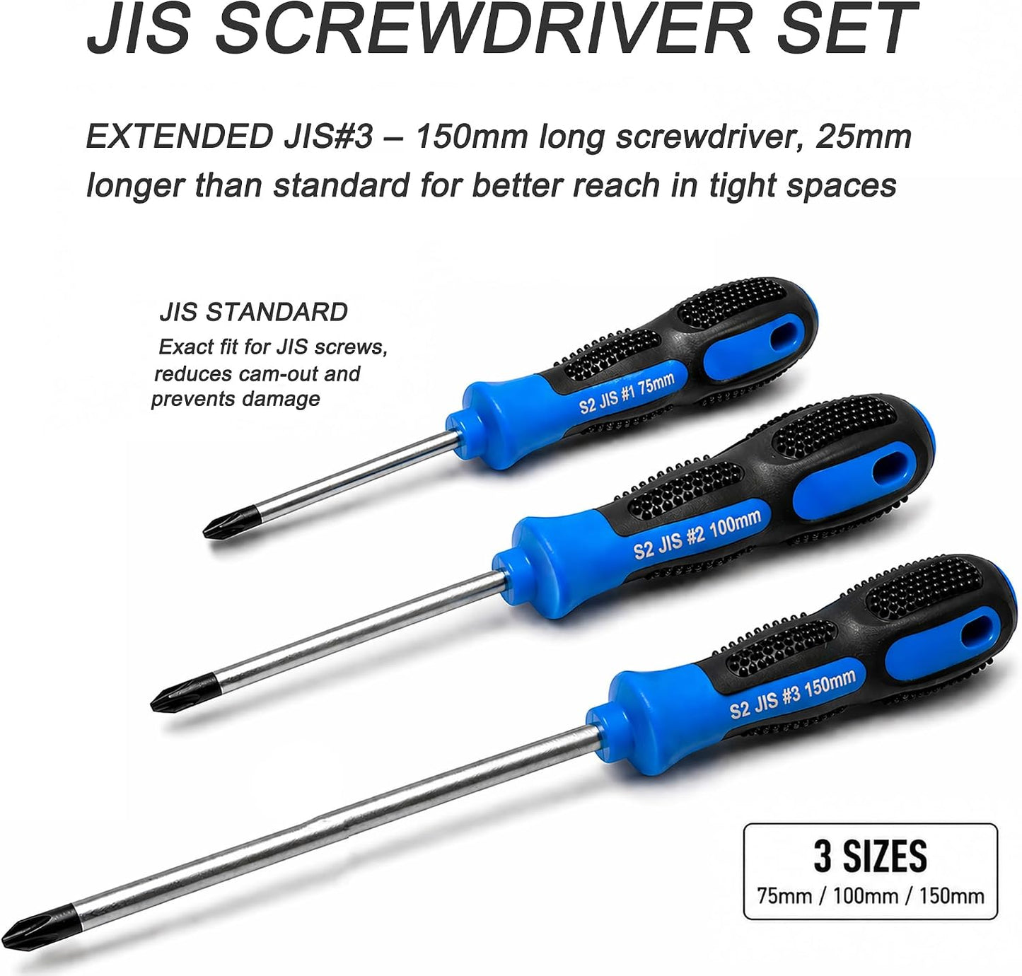 JIS Screwdriver Set 3PCS (#1#2#3), Long Reach Magnetic Precision Screwdrivers for Japanese Screws, S2 Steel, JIS Standard, for Motorcycle, Bicycle & Auto Repair