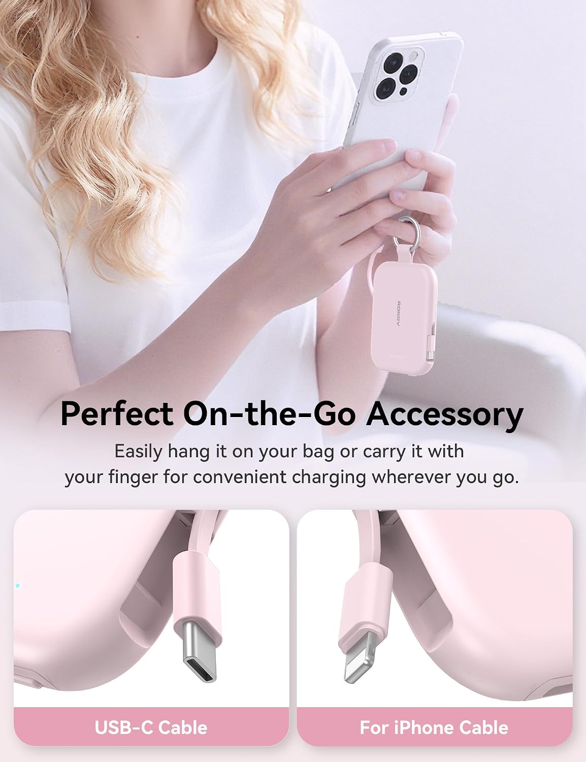 RORRY CharmGo Portable Charger, 5000mAh Power Bank with Built-in Cables | 20W,Keychain,Travel Essential,Battery Pack,USB-C,Compact,All in Mini,for iPhone 17/16/15,for AirPods 2/3/4/Pro,for iPad