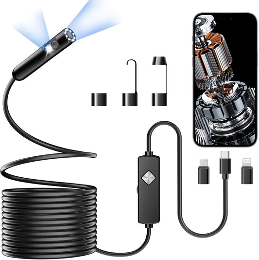 Endoscope with Light, 1920P HD Borescope with 8 Adjustable LED Lights, Semi-Rigid Snake Camera, IP67 Waterproof Inspection Tool (16.4ft, Black Harness + Dual Lens)