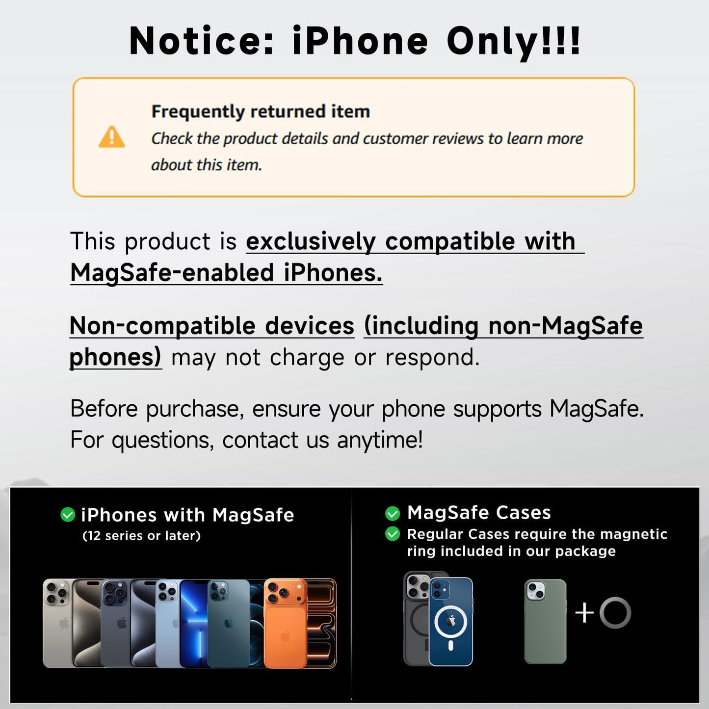 ACMEZING 15W Only for iPhone MagSafe Car Mount Charger, 360% Adjustable | Aluminum Alloy Arm, Relocatable Car Phone Holder, Magnetic Wireless Fast Charging, Cell Phone Holder for All Cars, Black
