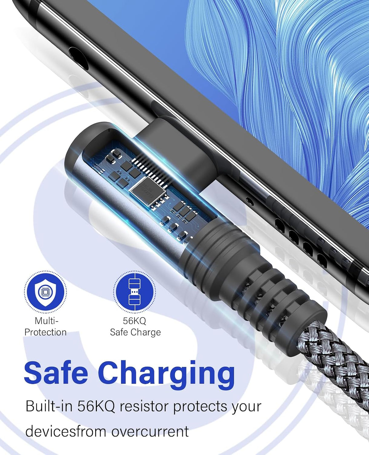 USB to USB C Cable 3.1A Fast Charge Right Angle CarPlay 10ft 2-Pack Grey