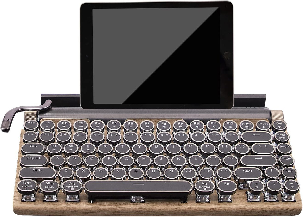 Retro Mechanical Keyboard, Punk Bluetooth Wireless & Wired, 75% Layout, LED Backlit, Round Keycaps, 83 Keys, for iOS/Android/Windows/Mac/iPad, Wood Color