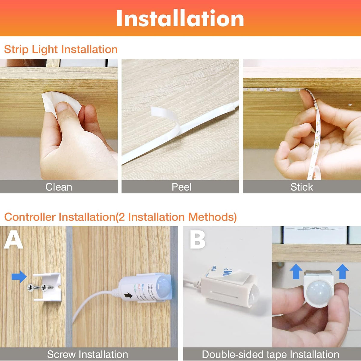 WOBANE 16.4ft Motion Sensor LED Strip with Remote,Warm White Tape Lighting