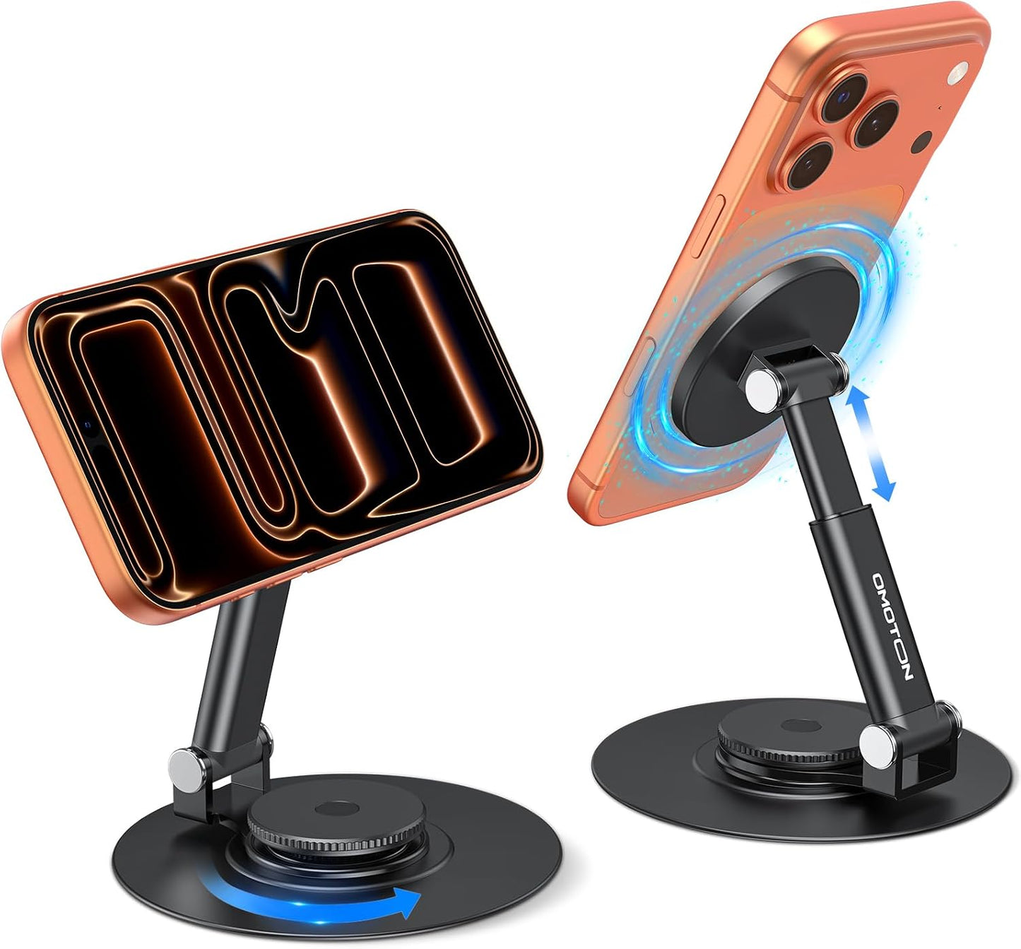 OMOTON MS05 [Height Adjustable] 360° Rotating Magnetic Phone Stand, Black | Foldable Cell Phone Stand for Desk, Office Desk Accessories Gift for iPhone 17/16/15 Pro Max Air for PC Gaming Women Men