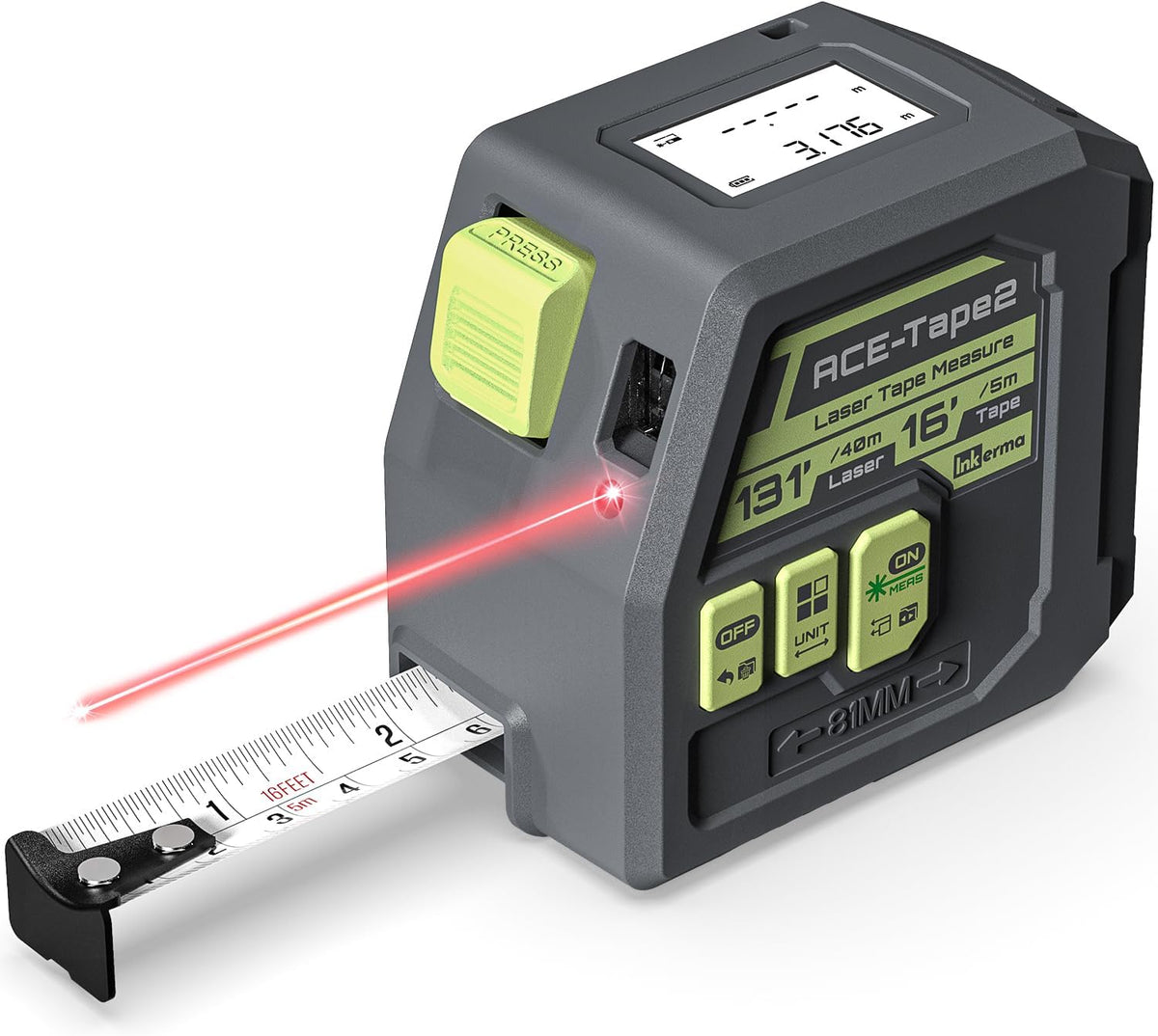 Laser Tape Measure 2-in-1, Inkerma 130Ft Laser Measurement Tool & 16Ft Measuring Tape, Digital Laser Tape Measure