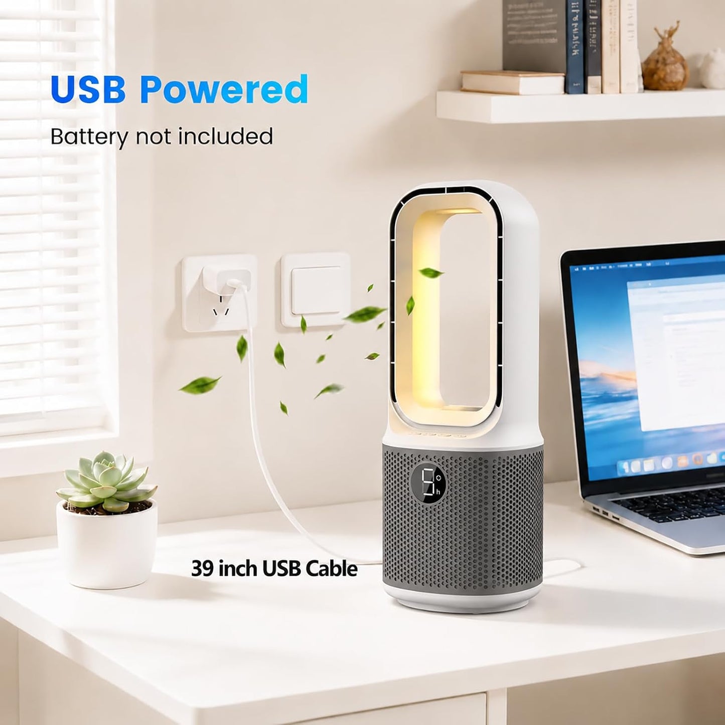 Misby Desk Fans Small Quiet, 13 Inch Bladeless Table Fan, 5 Speeds, 70° Oscillating Fan with Night Light and Timer, Desktop Cooling Fan for Bedroom, Office, Nightstand
