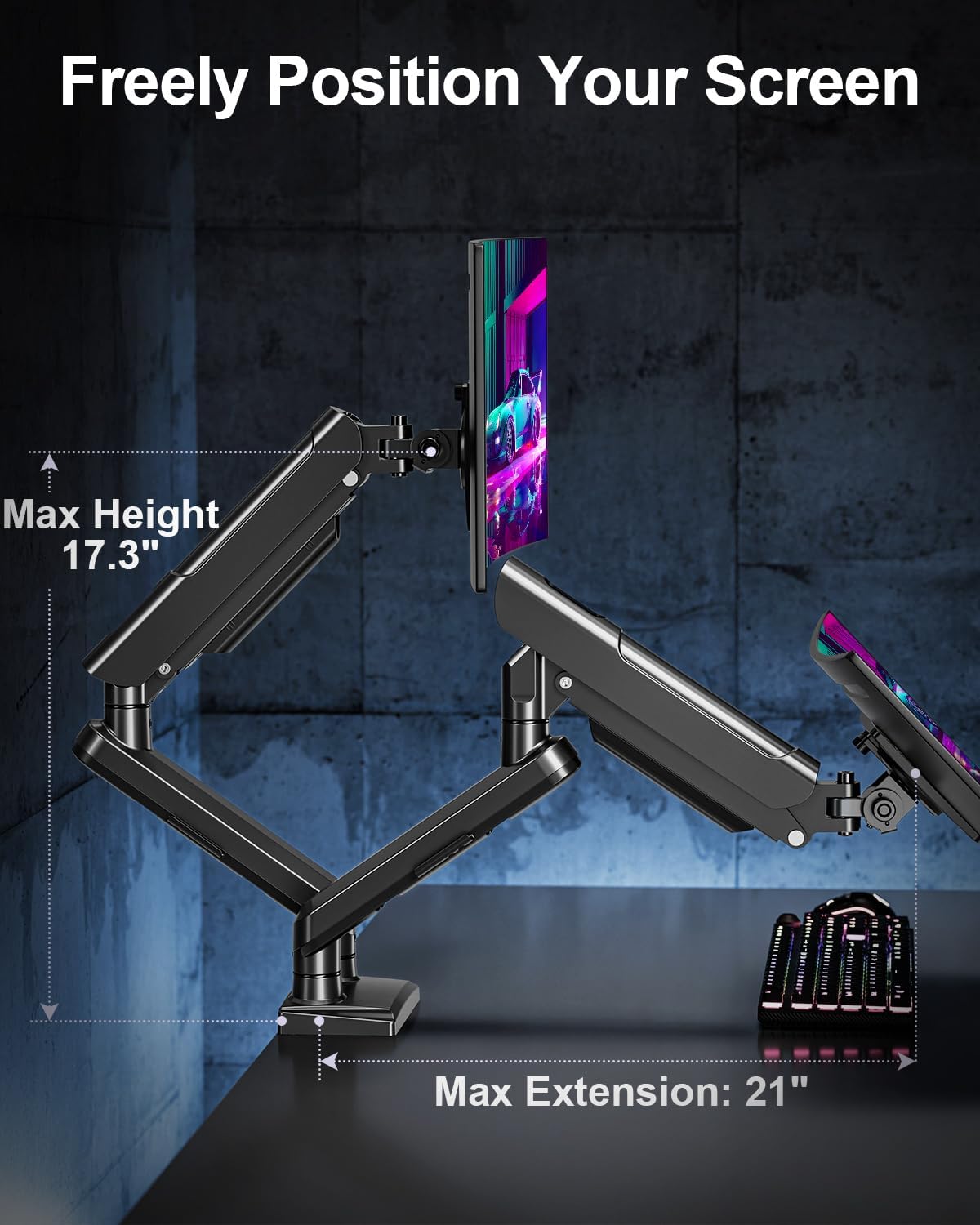 Dual Monitor Arm for 17-32" Computer Screens, Monitor Mounts 22lbs per Arm | Full Motion Monitor Desk Mounts for 2 Monitors, Gas Spring Desk Mount, VESA Mount, Freelift Pro