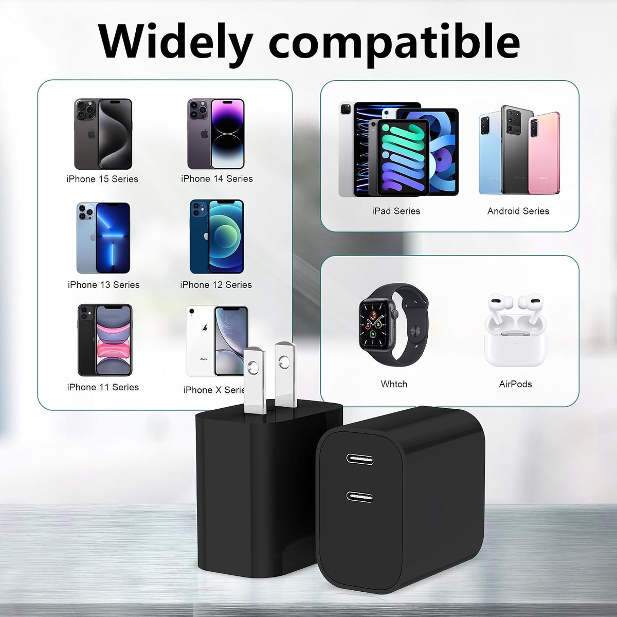 USB C Charger Block 3 Pack, Dual Port 20W Fast Wall Plug (Black) | 20W PD fast charging USB C block for iPhone 17 16 15 14 13 12 11, iPad Pro, iPad Air, AirPods and Apple Watch.