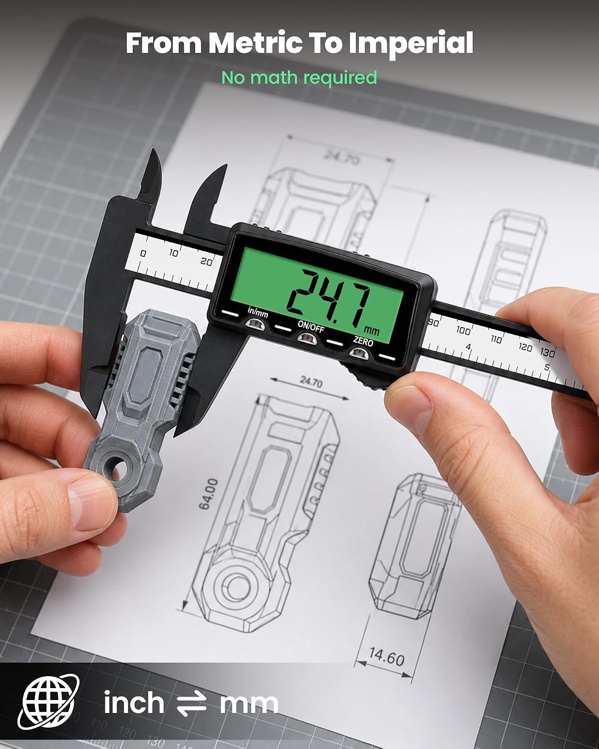 HARDELL Rechargeable Digital Caliper 6" Plastic Calipers Green Screen | High-Contrast Everyday Caliper Measuring Tool Inch/MM Auto-Off Woodworking DIY Jewelry Household Non-Backlight