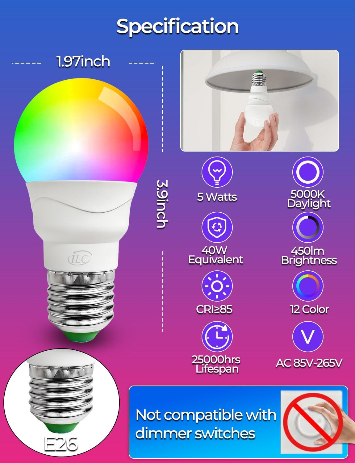 ILC Color Changing LED Light Bulb, A15 40W Equivalent, 5000K Daylight White, 450LM 5W E26 Screw Base RGBW, Mood Light Bulb - RGB 12 Color Choices - Timing Infrared Remote Control Included (4 Pack)