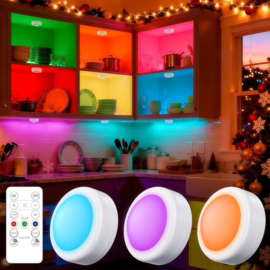 Yiliaw 3 Pack LED Puck Lights Remote Control 16 Color Changeable Under Cabinet Lights, Battery Operated Lights Night Light with Dimmer & Timmer for Closet Bedroom Kitchen, White