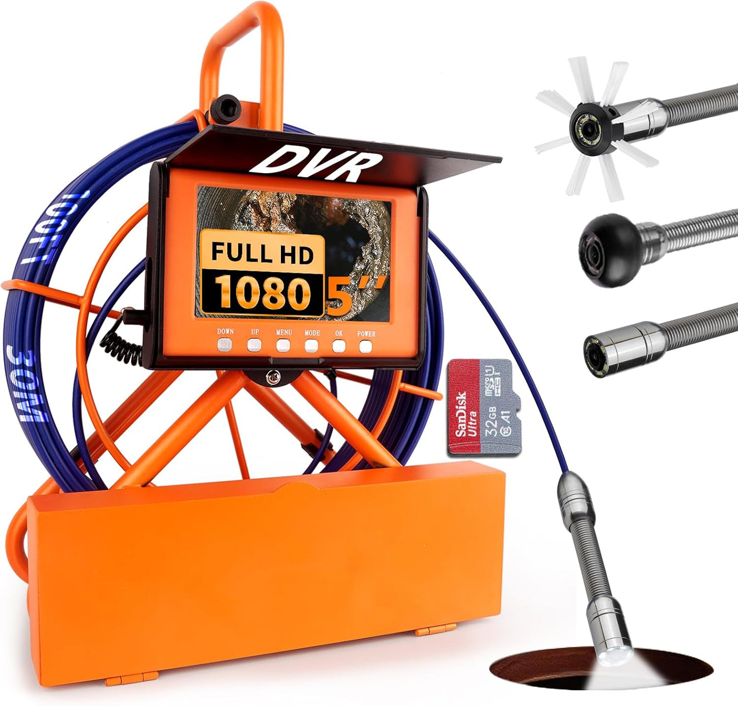 Sewer Camera 100FT/30M Pipe Inspection Borescope Endoscope Camera with Light 6 LEDs 5" IPS Screen 17MM Plumbing Snake 5000 Mah Battery,1080P High-Definition Industrial Sewer Camera