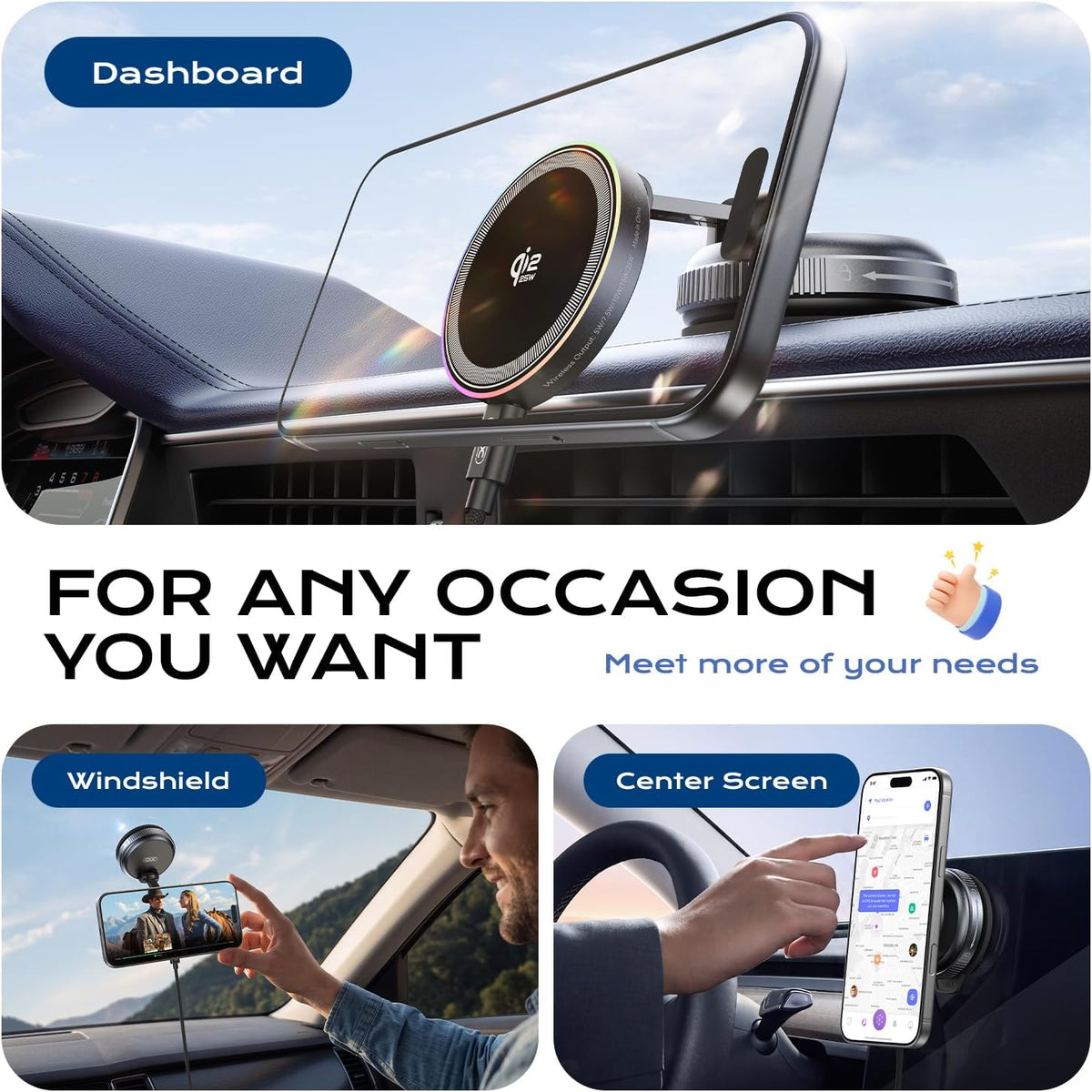 Qi2.2 Magnetic Car Mount Charger,25W Fast Wireless Charging Stand with RGB Light,360° Rotating Suction Phone Holder for Your Car,Compatible with iPhone 12-17,S26/S25