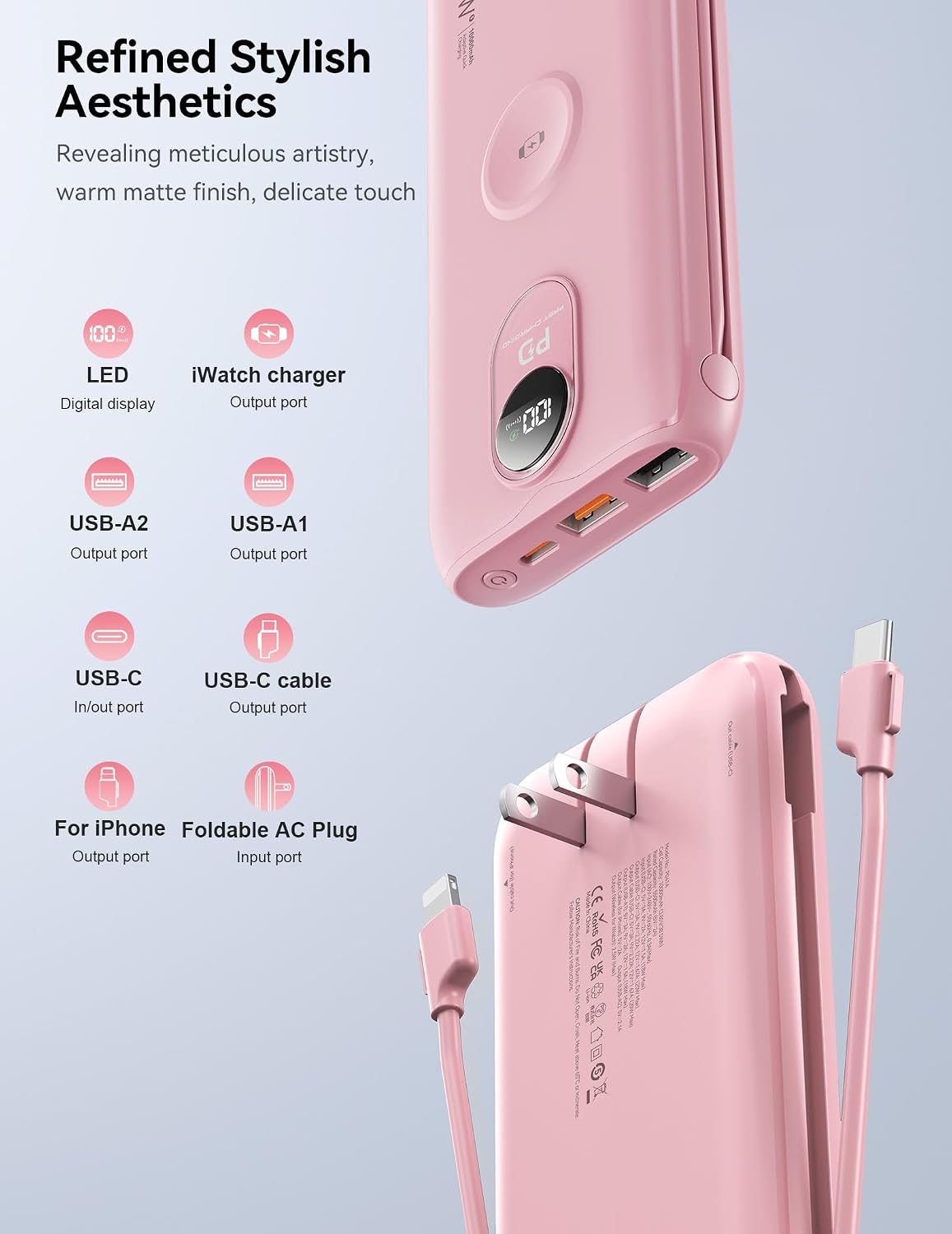 Portable Charger 10000mAh 20W, Wall Plug, 2 Cables, iWatch Charging | Digital Display, Compact Lightweight, USB C Fast Charge, USB-A 18W, Multi Protection, Travel Essential, for iPhone 17 16, Pad
