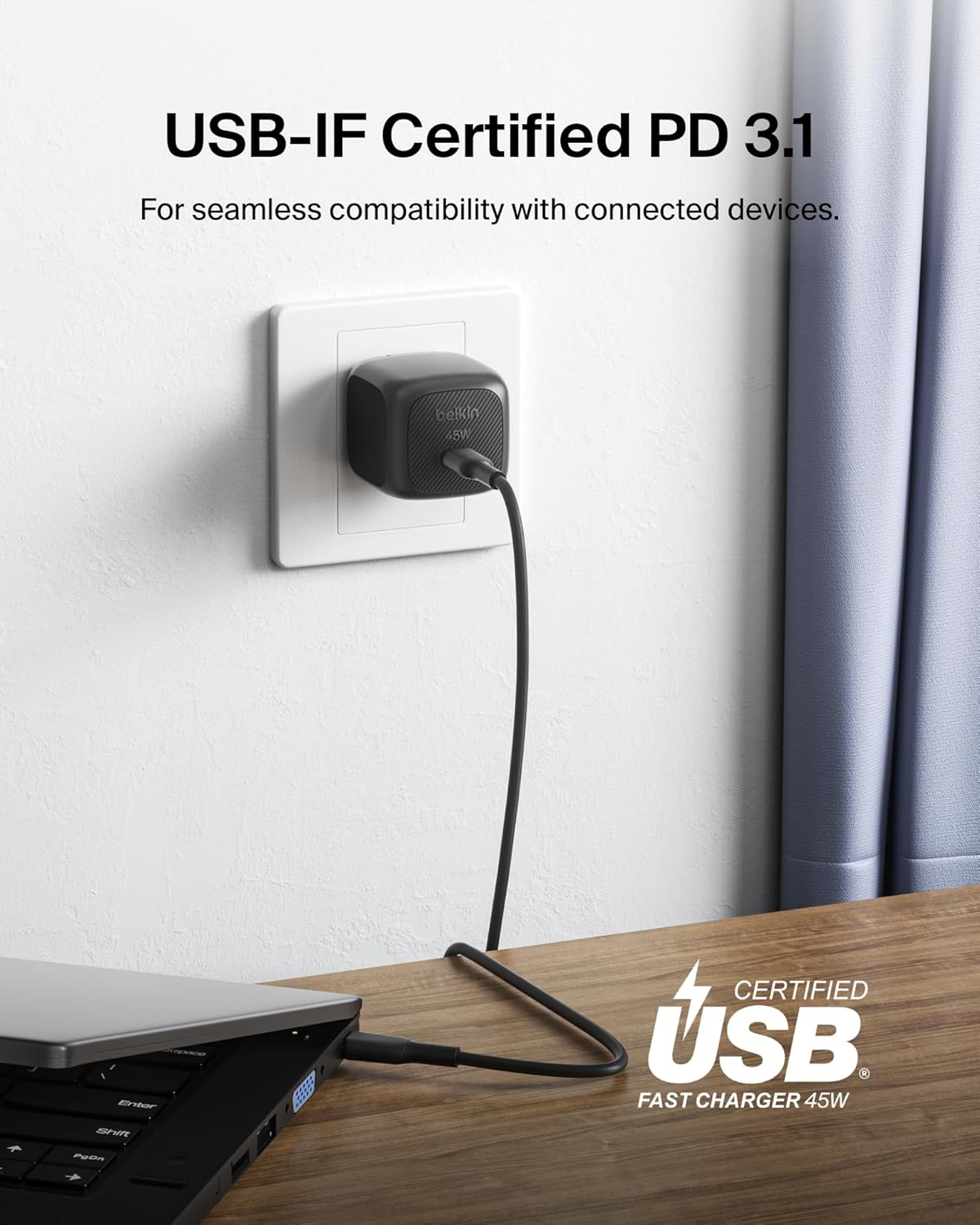 Belkin 45W Compact USB C Charger Block, Fast Charging for Travel | PD 3.1, PPS, Travel Charger, Chromebook, iPad, iPhone 17, Samsung Galaxy, Pixel, Nintendo Switch 2, Foldable Prongs