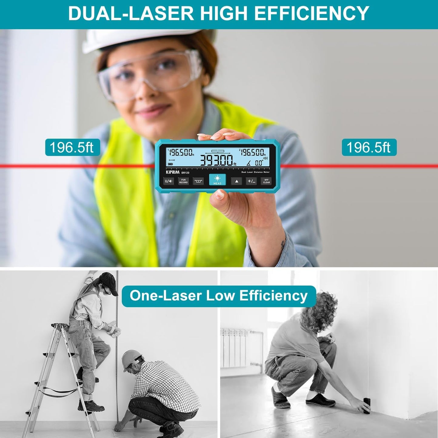 Kiprim DR120 Dual Laser Distance Meter, 393ft/120m, Bidirectional Laser | Bidirectional emission dual laser rangefinder with vertical marking line & electronic level. Supports M/Ft/in unit switching