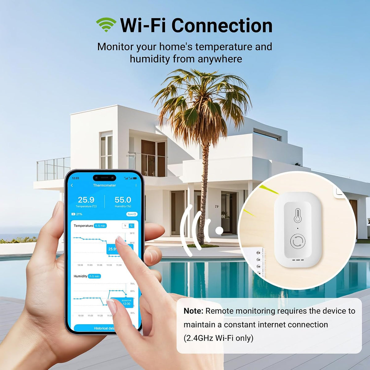 Remote WiFi Thermometer Hygrometer Sensor, App Alert, Data Log for Home | No display; app only.Smart Humidity Temperature Sensor with Data Storage. For nursery, greenhouse, humidor & wine cellar.