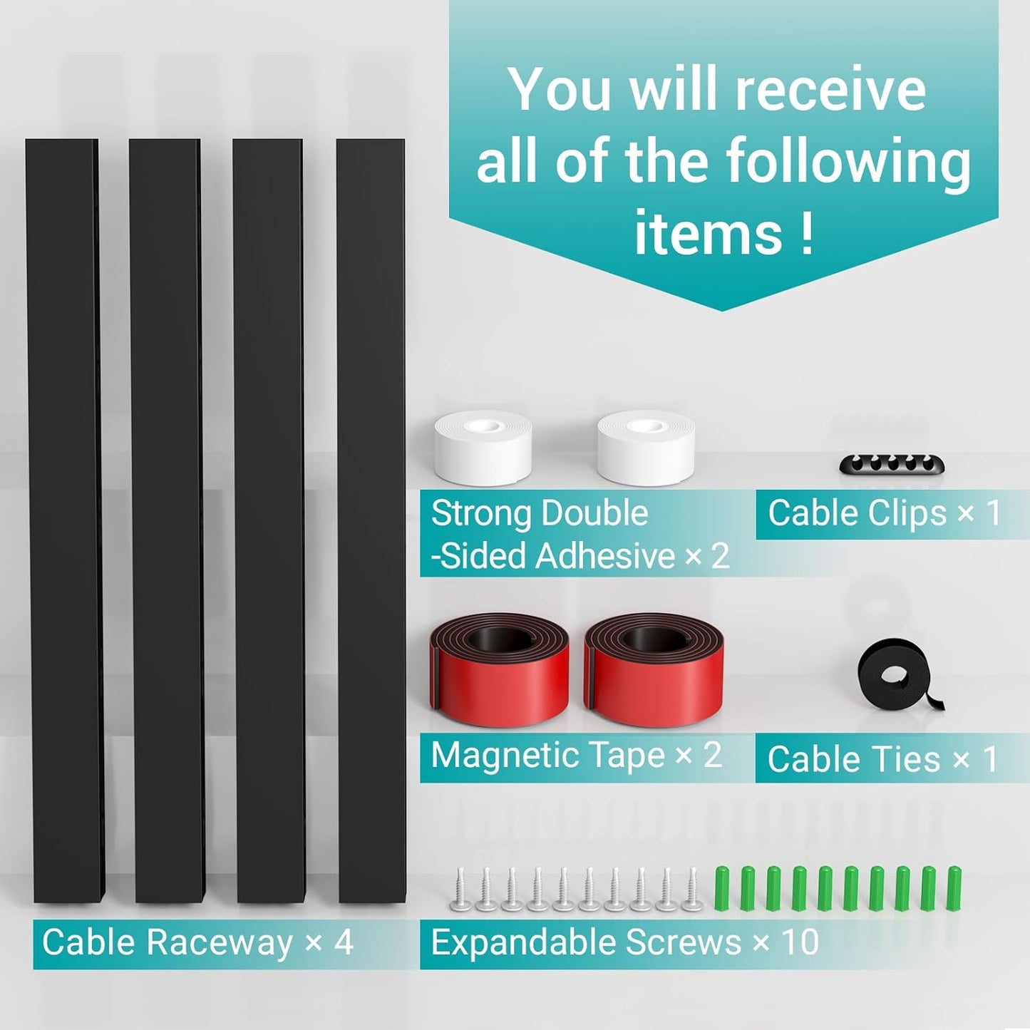 Cable Hider Raceway Kit, Magnetic Cable Management Under Desk with Upgraded Aesthetic Large Hole, Cord Organizer Kit for Hiding Computer, Gaming Desk, Network, Power Cord, TV - 4PCS 4x15.7in Black