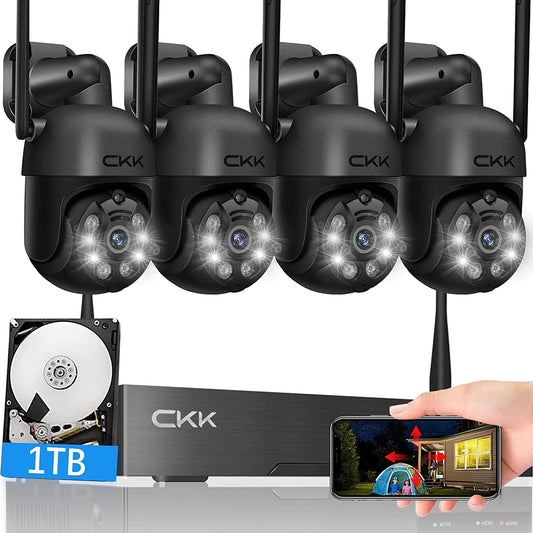 [10CH, Upgrading 5MP] CKK Wireless Security Camera System with 1TB HDD, 4pcs PTZ Cameras Outdoor Indoor, 3K WiFi Surveillance NVR System with Floodlights & Siren Alarm, 2 Way Audio, Waterproof