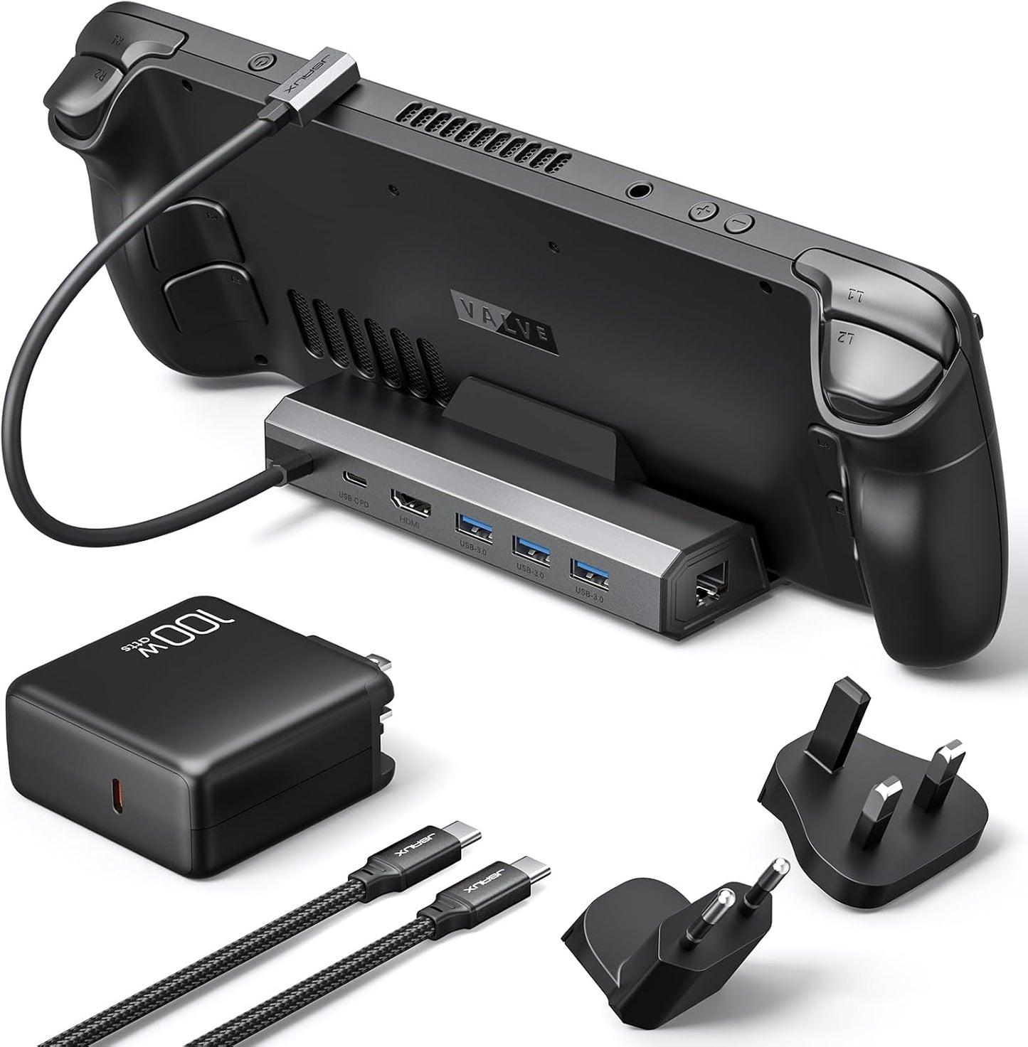 JSAUX 6-in-1 Docking Station for Steam Deck/ROG Ally X/Legion Go S-HB0603 | 4K@120Hz HDMI, Gigabit Ethernet, 100W PD Fast Charging, 3 USB 3.0 Ports, Widely Compatible with SteamOS & Windows Handhelds