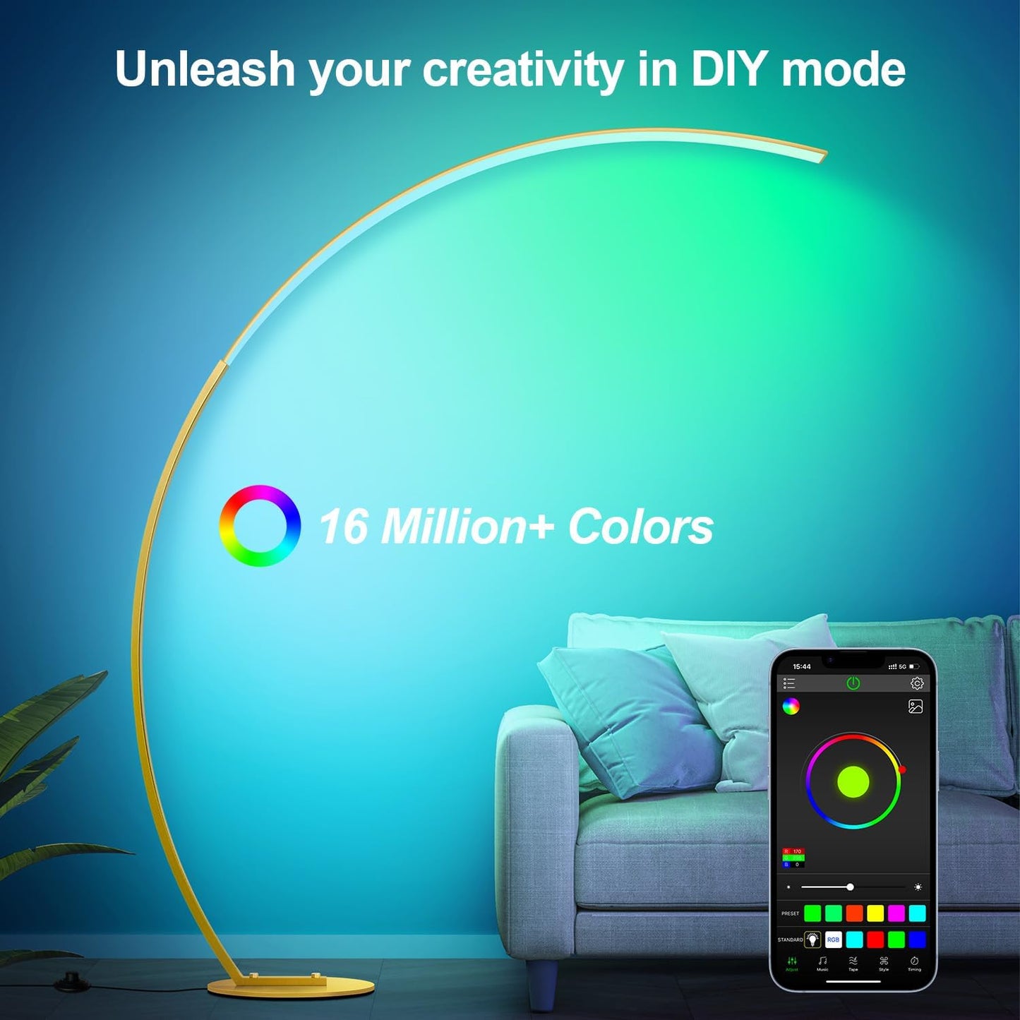 RGB Floor Lamp with 3 Color Temperatures, Ultra Bright 1800LM Smart Arc LED Floor Lamp with Remote Control, Music Sync, Scene Modes, Modern Standing Tall Lamp for Bedroom Living Room Gaming Rooms-Gold