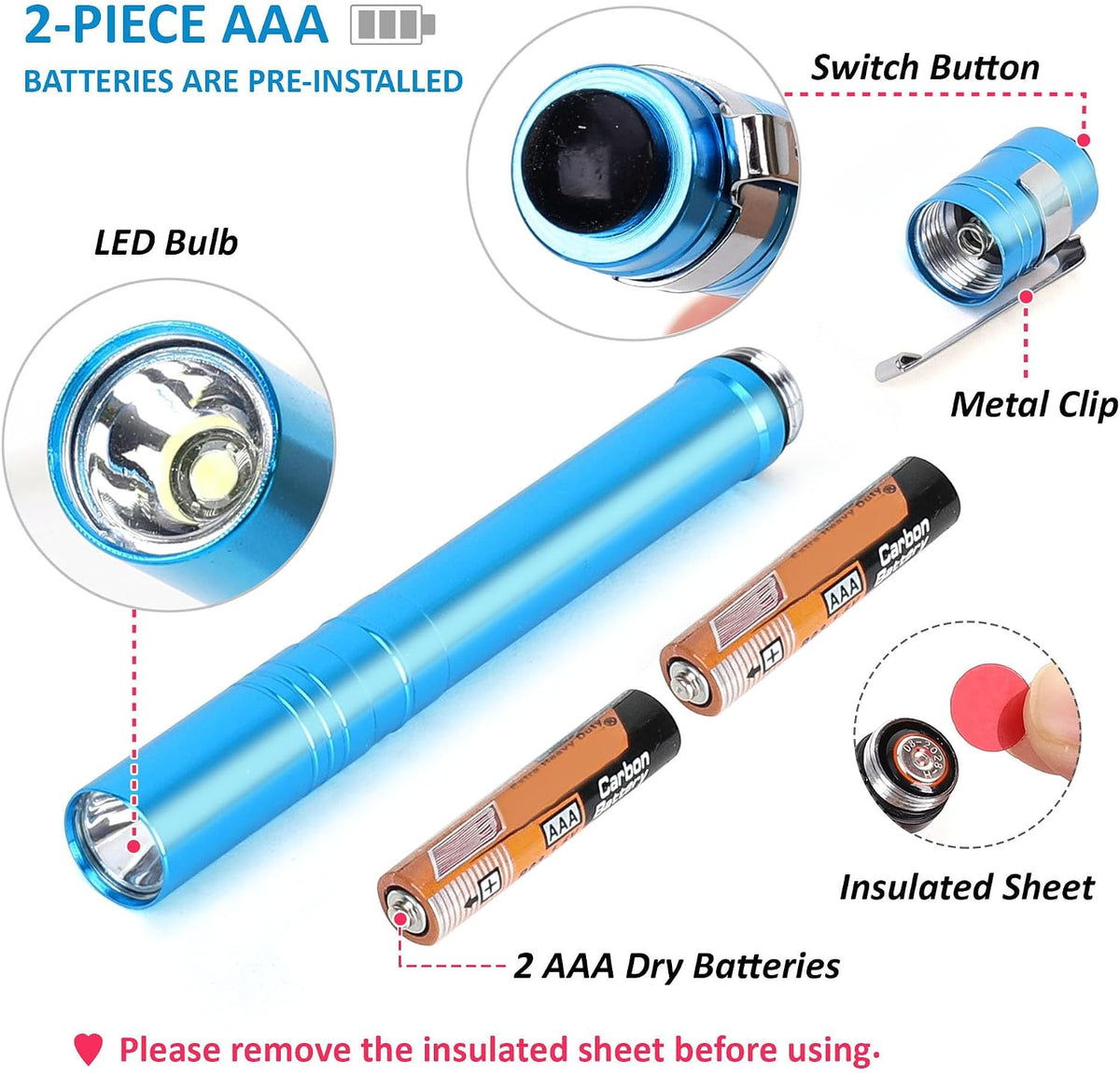 15-Pack LED Pen Light with Clip | Pocket Flashlight Including 30 Dry Batteries, Portable Pen Flashlight for Inspection, Camping, Emergency & Training Use