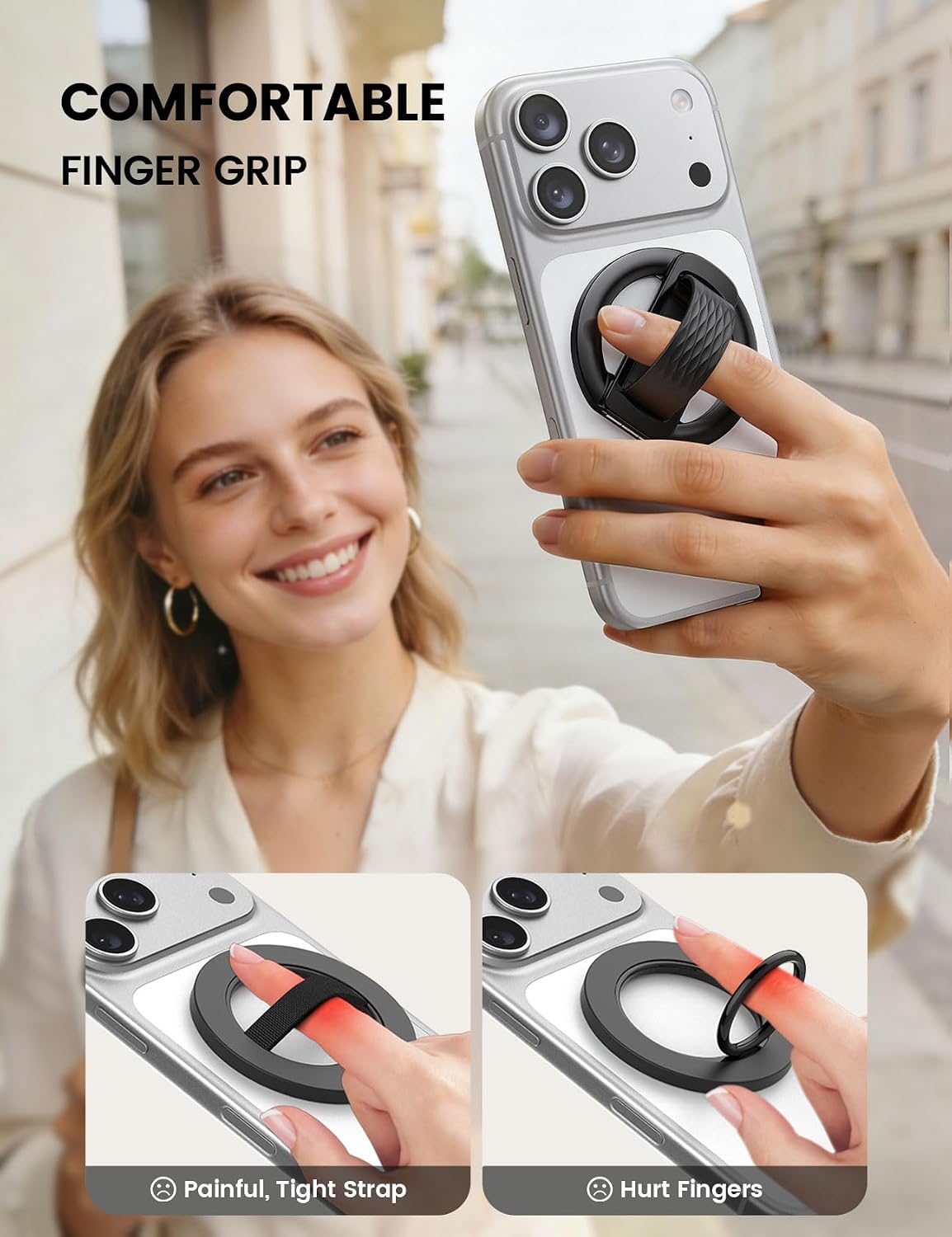 Lamicall Magnetic Phone Grip for MagSafe - Ultra Soft Finger Silicone Loop | Durable Vertical Zinc Alloy Stand Kickstand, Magnet Cell Phone Ring Holder for iPhone 17/16/15/14/13/12 Series & Androids