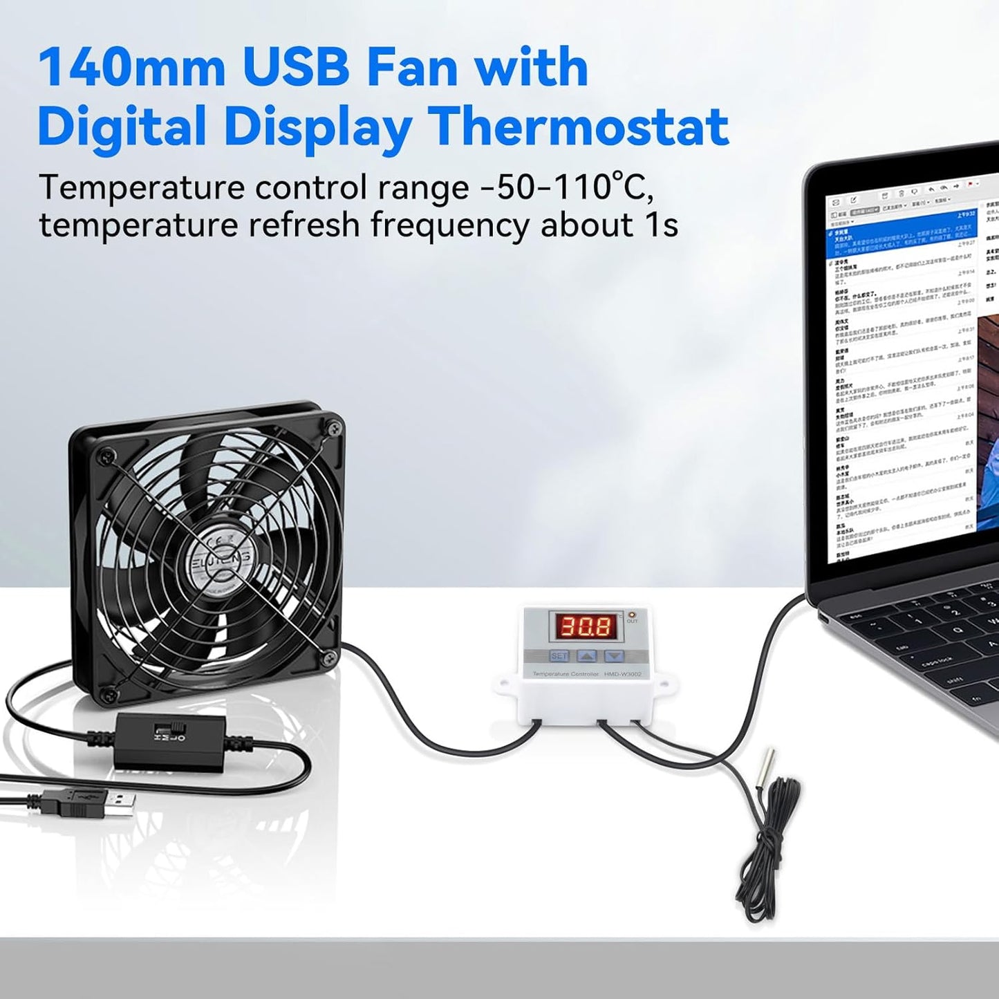 ELUTENG USB Fan 140mm with Digital Temperature Controller, 5V USB Powered PC Computer Fan 1500RPM 3 Adjustable Speeds Electronic Cooling Lufter with Metal Grill for Laptop/TV Box/AV Cabinet/PS5/Router