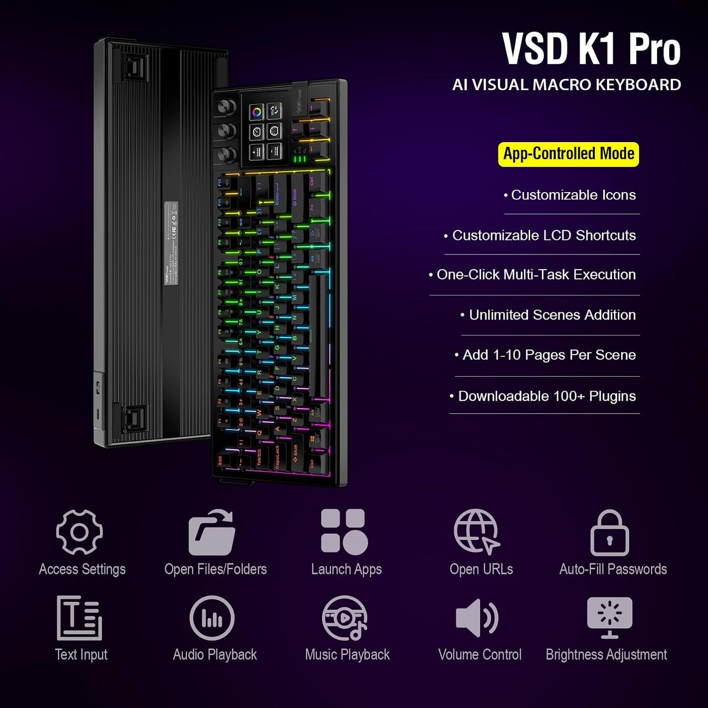 K1 Pro Macro Keyboard, Wired Only Full-Key Programmable On-Board Keypad, Custom Gaming Streaming Mechanical Keyboards with Screen & Knob, Gasket, RGB Backlit, Hot Swappable Shortcut Pad