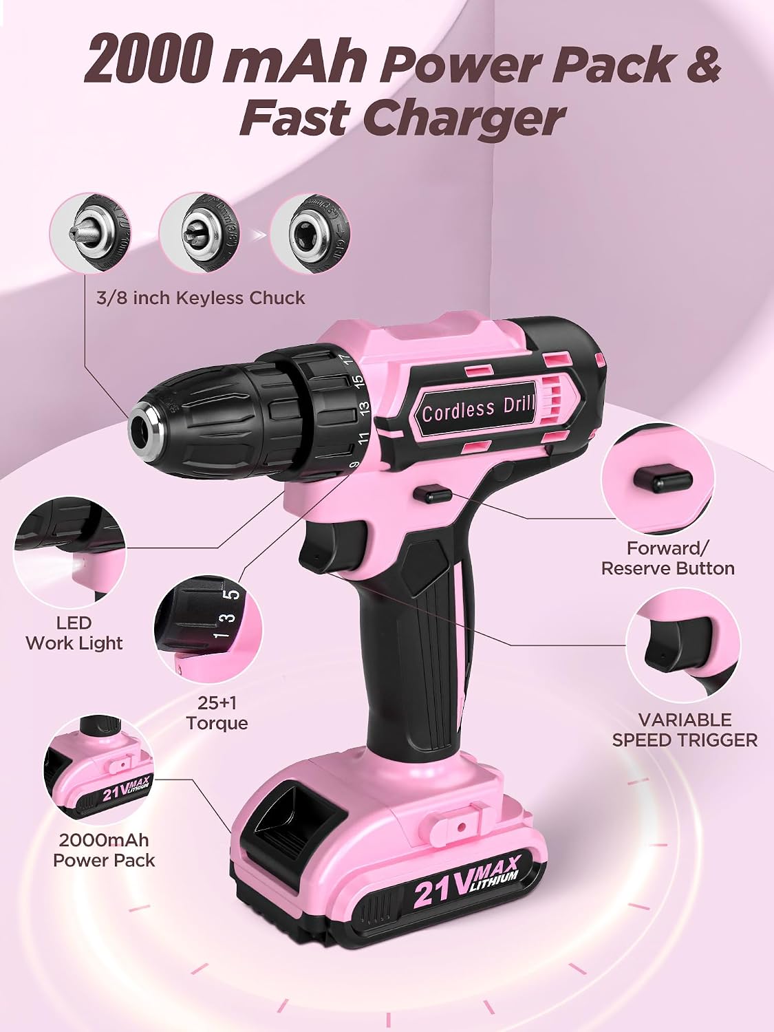 Pink Cordless Drill Set 215 Pcs, 21V Pink Power Drill Tool Set Kit with Storage Bag, Electric Drill Set for Women, Precision Screwdriver set, Magnetic Tool Belt, ToolBox for DIY Projects