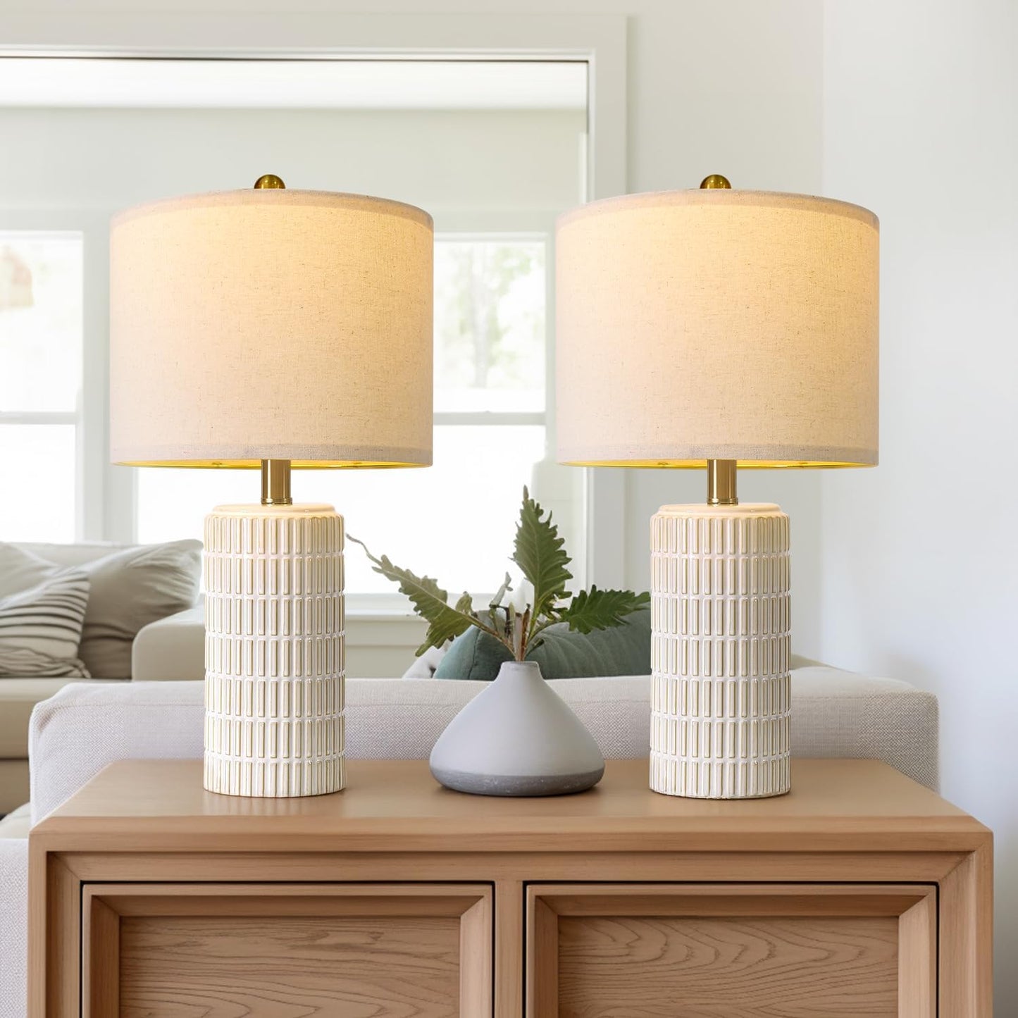 PoKat 20.75" Small Modern Ceramic Table Lamps Set of 2 for Bedroom, White | Bedside lamps for nightstands, farmhouse home decor, end table & desk light, ideal housewarming new home gift for women mom