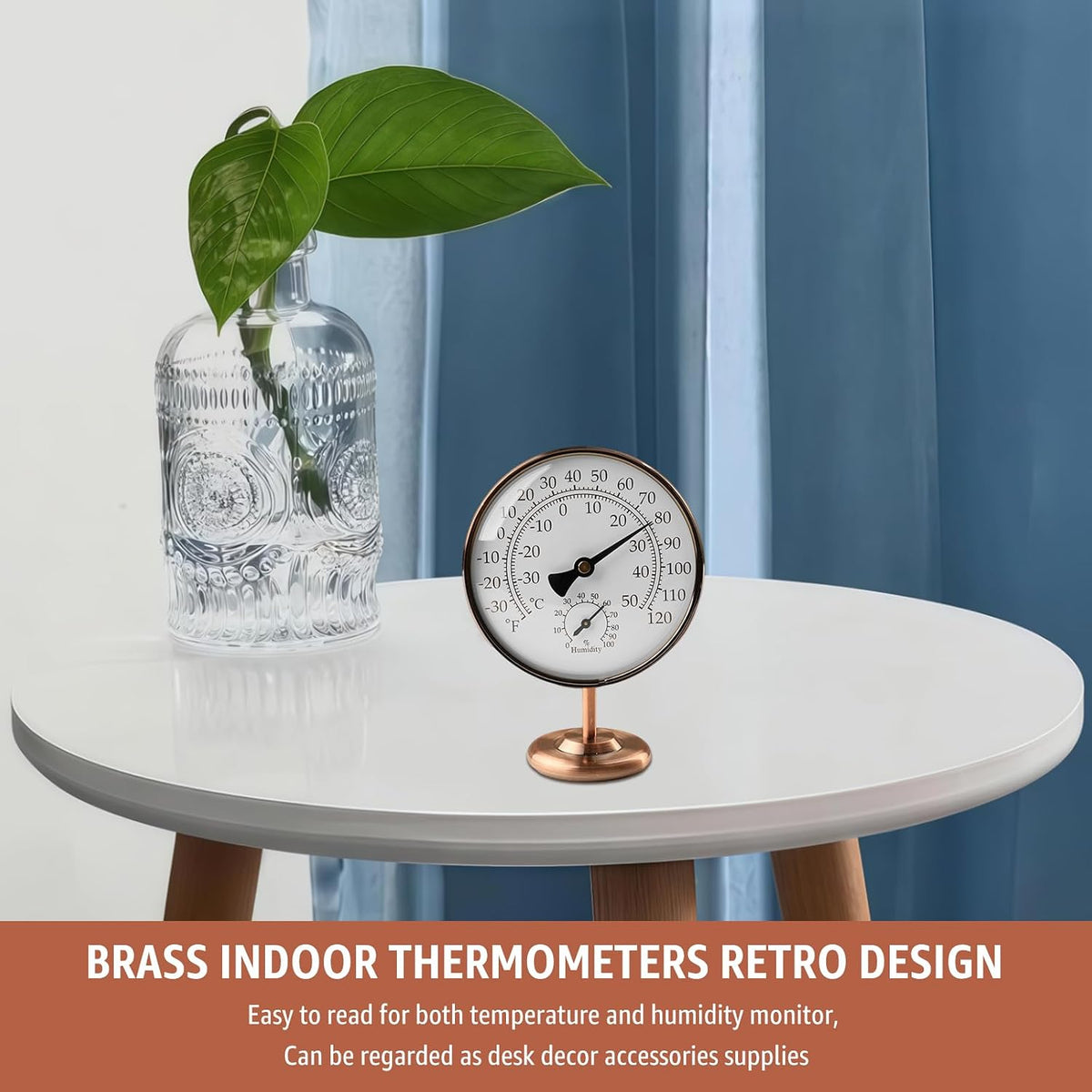 4" Indoor Thermometer & Humidity Gauge, Brass Dial with Stand
