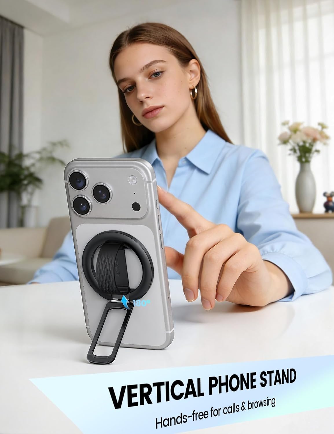 Lamicall Magnetic Phone Grip for MagSafe - Ultra Soft Finger Silicone Loop | Durable Vertical Zinc Alloy Stand Kickstand, Magnet Cell Phone Ring Holder for iPhone 17/16/15/14/13/12 Series & Androids