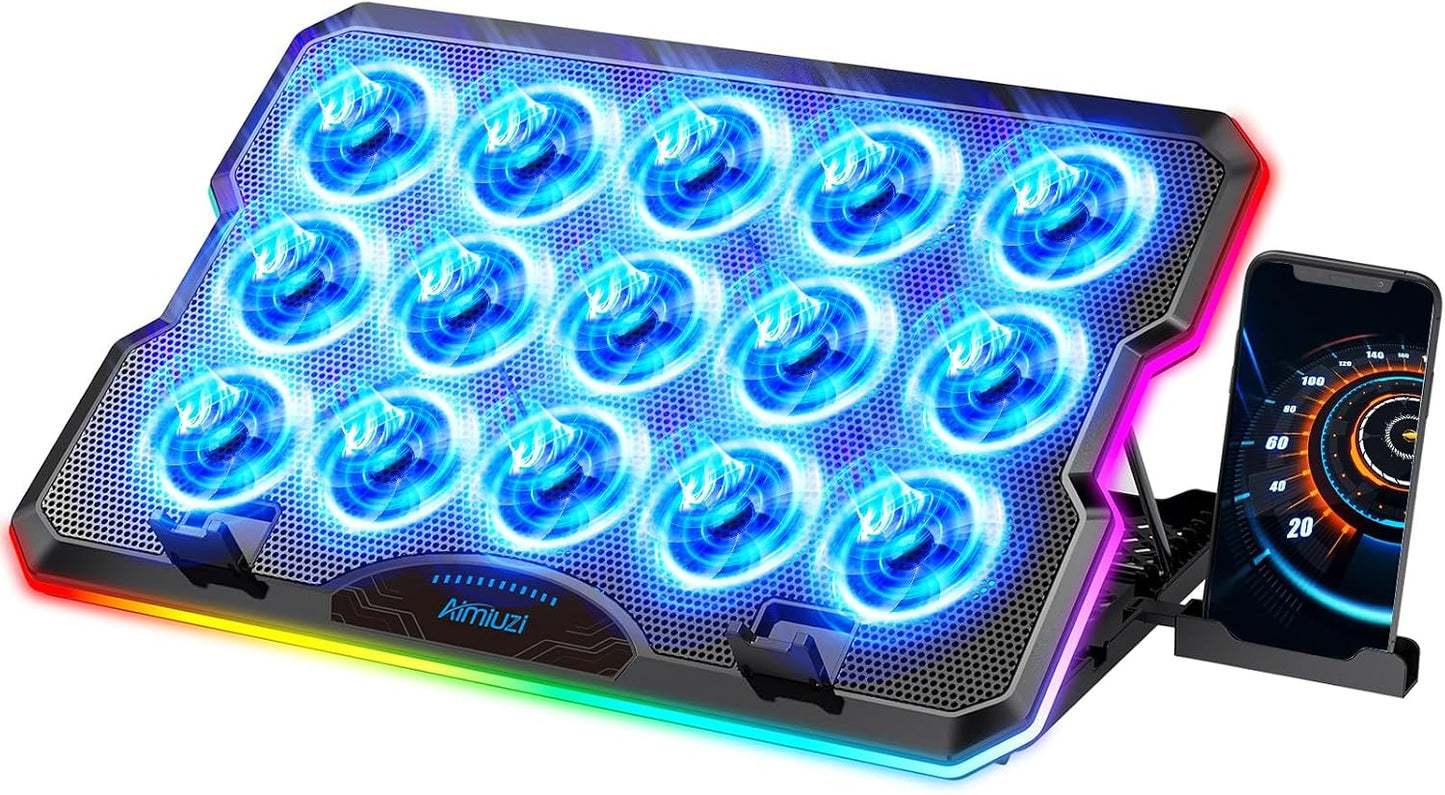AIMIUZI Gaming Laptop Cooling Pad, Laptop Cooler with 15 Quiet Fans for 12-17.3 Inch Notebook, Slim Portable Laptop Cooling Stand with 7 Height Adjustable, 2 USB Ports, Phone Stand