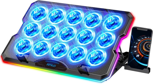 AIMIUZI Gaming Laptop Cooling Pad, Laptop Cooler with 15 Quiet Fans for 12-17.3 Inch Notebook, Slim Portable Laptop Cooling Stand with 7 Height Adjustable, 2 USB Ports, Phone Stand
