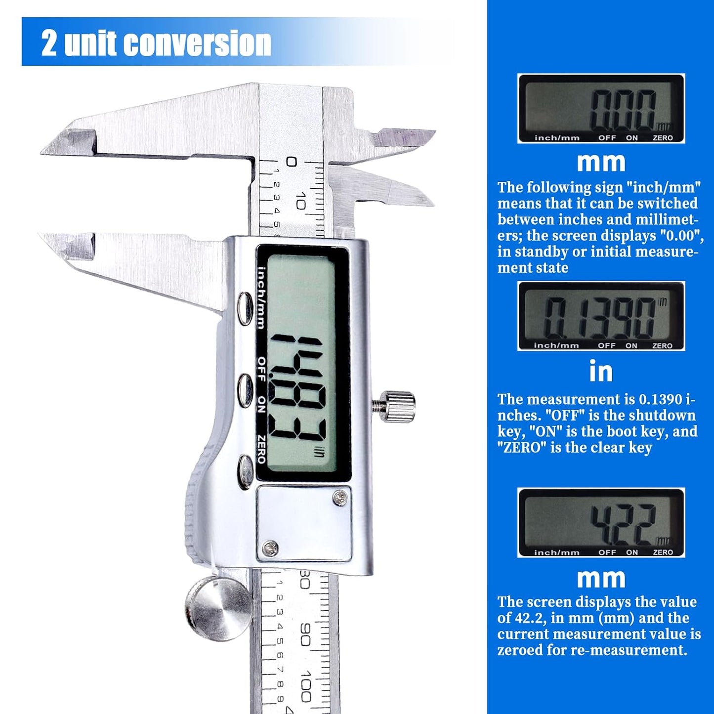 Digital Caliper Measuring Tool,Caliper Measuring Tool with Stainless Steel, Micrometer Dial Vernier Caliper Digital,Large LCD Screen, IP54 Splash Proof, Auto-Off Feature,6 Inch/150mm Caliper Tool