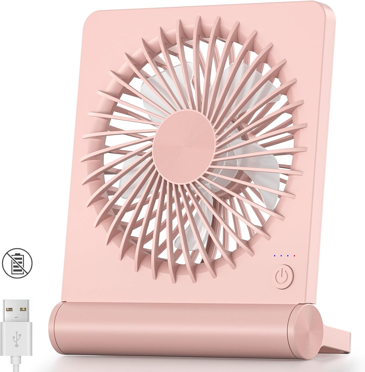Koonie USB Desk Fan, Strong Wind Ultra Quiet Small Mini Fan | 220° Tilt Folding & 3 Speeds Adjustable, USB-C Powered Personal Fan for Home Office Desktop, Pink, NO BATTERY