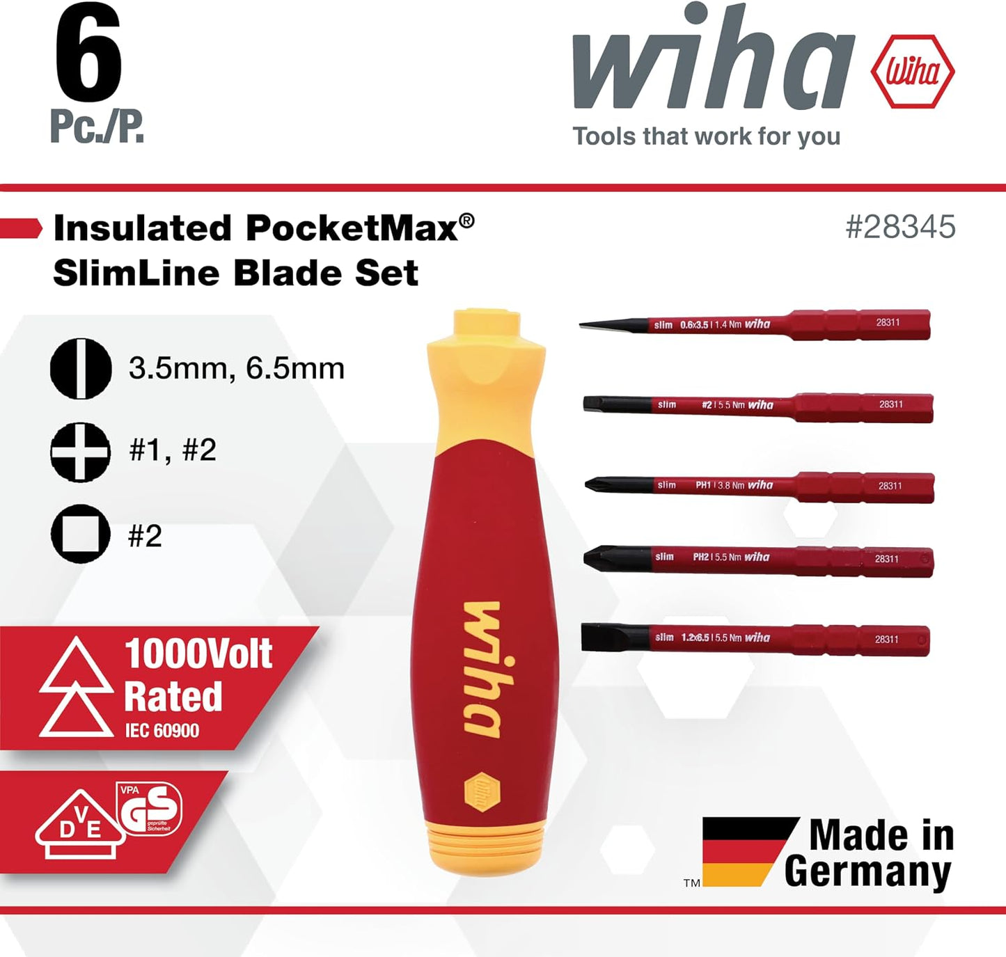 Wiha 28345 6 Piece Insulated SlimLine PocketMax Multi-Driver