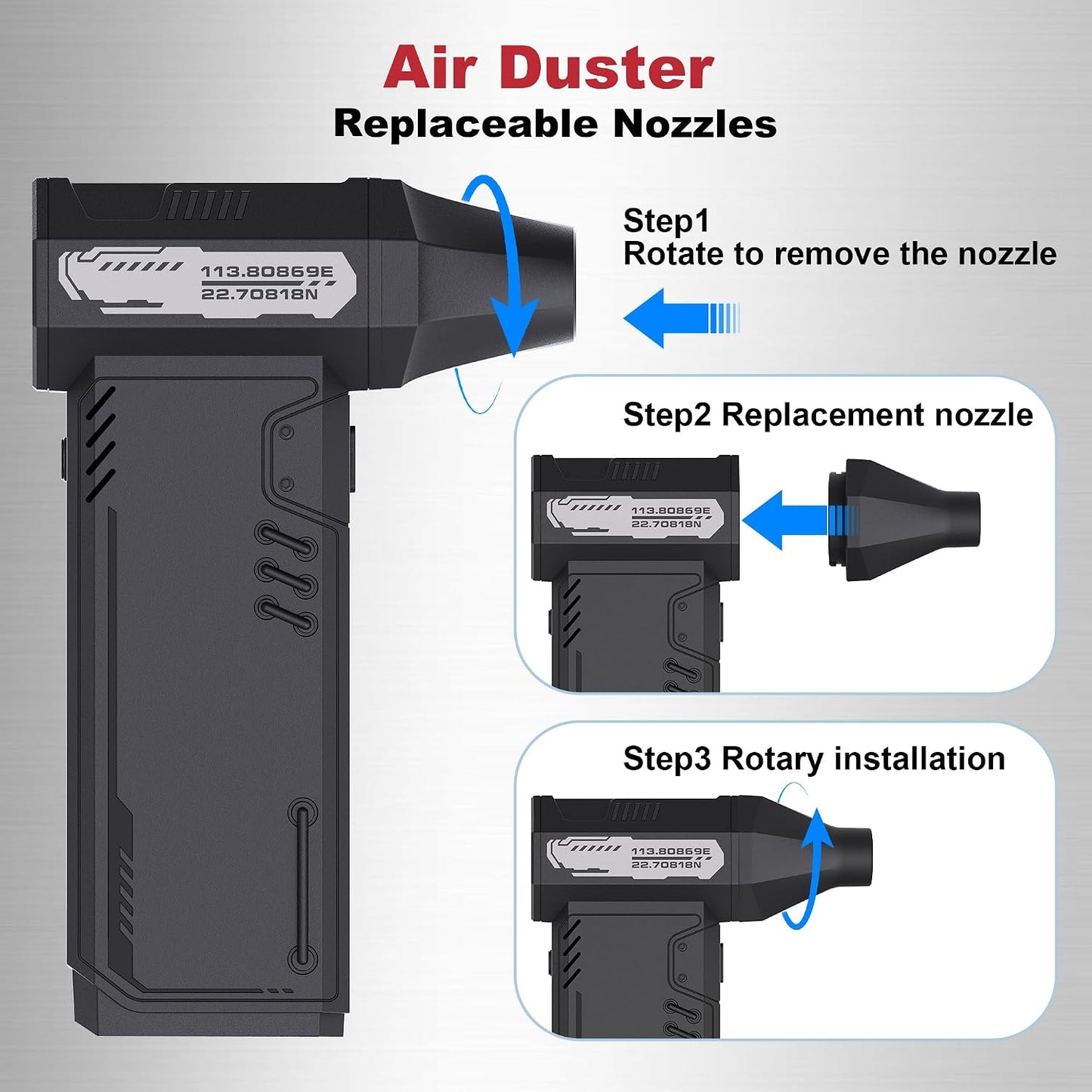 Compressed Air Duster,180,000RPM High Speed brushless Motor Mini Blower | 3-speed adjustable electric air duster with multiple nozzles , for cleaning car, keyboard, computer, home and outdoor.