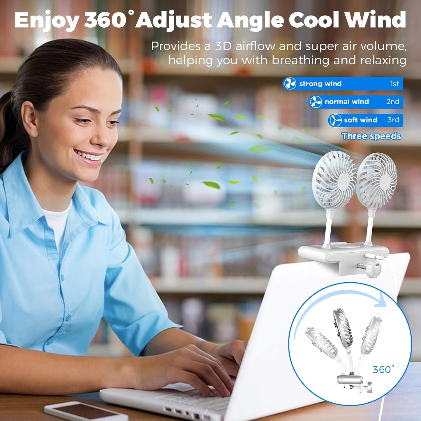 Clip Fan USB-Powered Cooling Fan with LED Light Bar Glacier Silver | Space-Saving Personal fan for Monitor/Laptop/Flat/Bedside/Bookshelf/Music Stand/Reading Stand